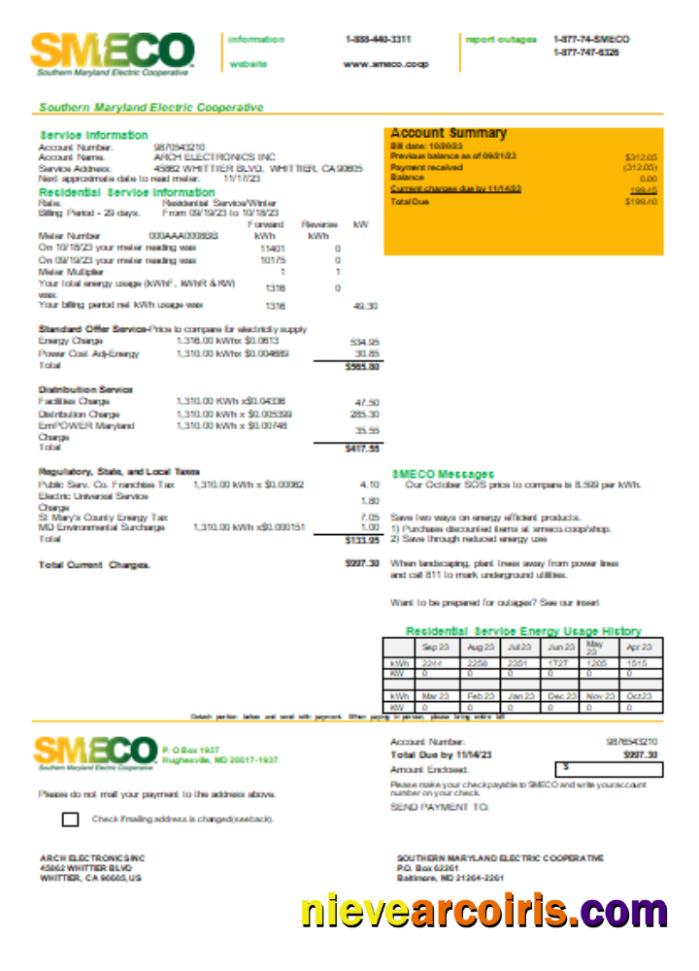 Southern Maryland Electric Cooperative - SMECO utility business bill